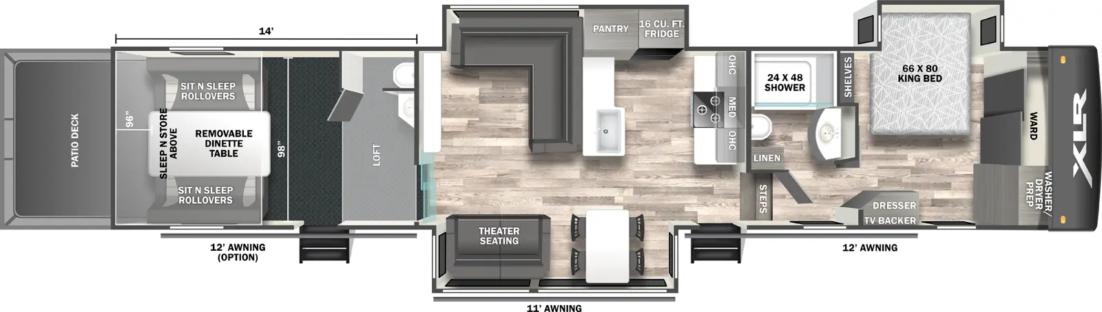 The 41G14 has three slideouts, two entries, and one rear ramp door. Exterior features front generator prep, 12' and 20' awnings, 40 gallon fuel tank, and ramp door patio deck. Interior layout front to back: wardrobe with shelves and washer/dryer prep, and off-door side king bed slideout; off-door side full bathroom with shelves and linen closet; steps down to main living area and entry; counter and overhead cabinet along inner wall; kitchen island with sink; off-door side slideout with cooktop, microwave, overhead cabinet, shelves, and refrigerator; door side sofa slideout; angled entertainment center with fireplace and pantry along inner wall; rear garage with second entry, off-door side room with shower, sink, and rear opposing sit n sleep rollovers with removeable dinette table and sleep n store above; loft above rear shower and part of garage. Garage dimensions: 14 foot from rear to front garage wall; 98 inches from side to side; 96 inch rear ramp door entry.